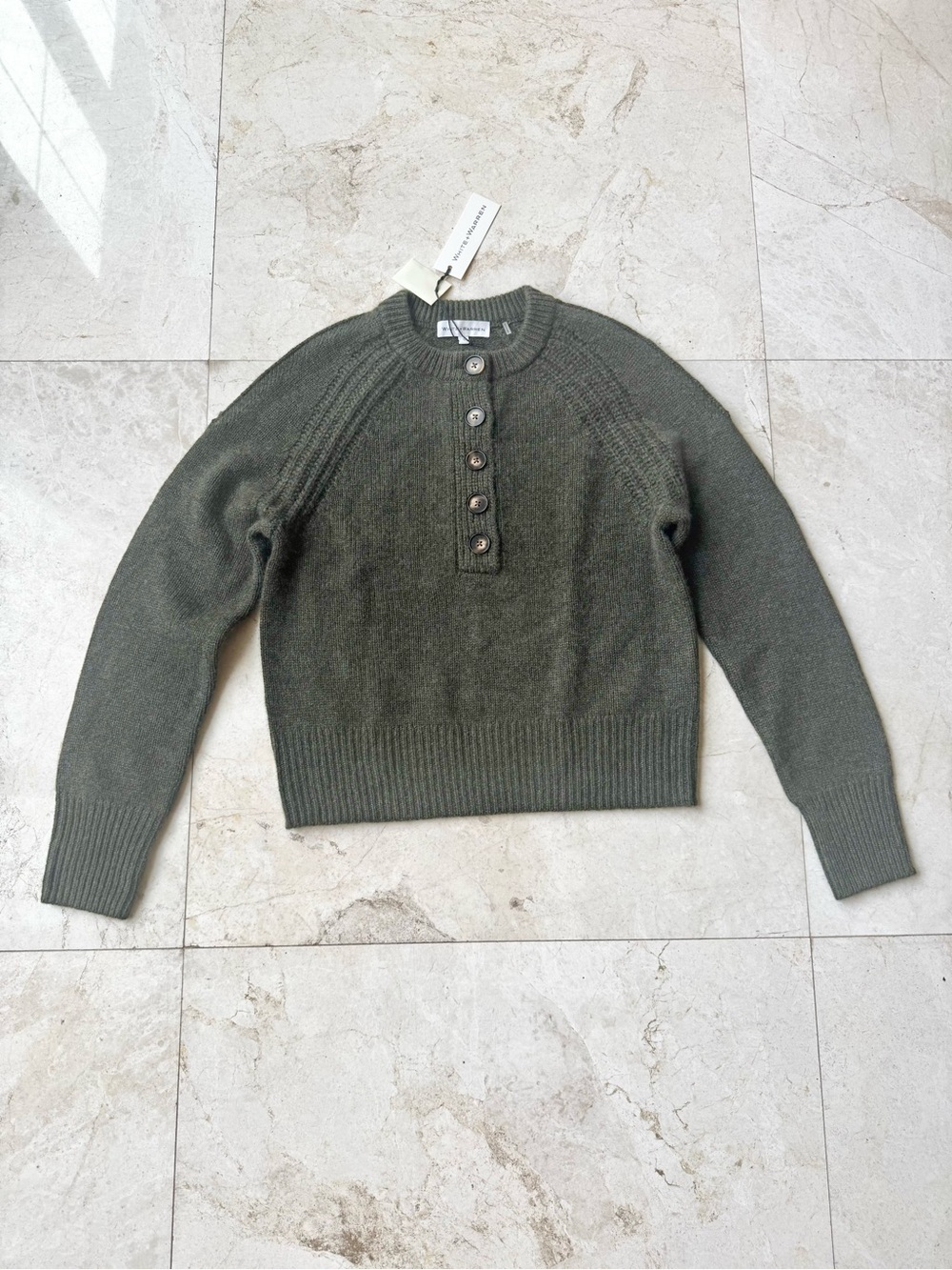 White + Warren Olive Cashmere Luxe Henley Crewneck Button-Placket Sweater size S